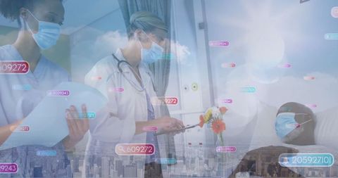 Medical Professionals Analyzing Data with Advanced Technology Overlays