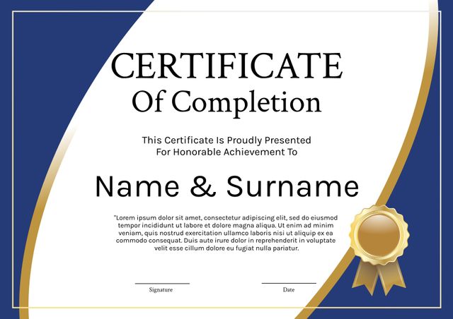 Elegant Certificate of Completion Template with Blue and Gold Accents - Download Free Stock Templates Pikwizard.com