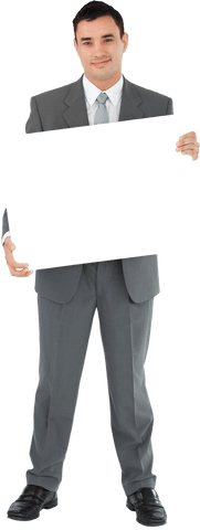 Businessman in Suit Holding Blank Card on Transparent Background
