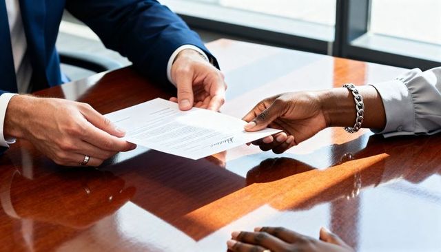 Business colleagues handing signed contract across conference table in daylight meeting