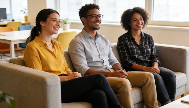 Smiling diverse coworkers sitting on sofa collaborating in bright modern office lounge