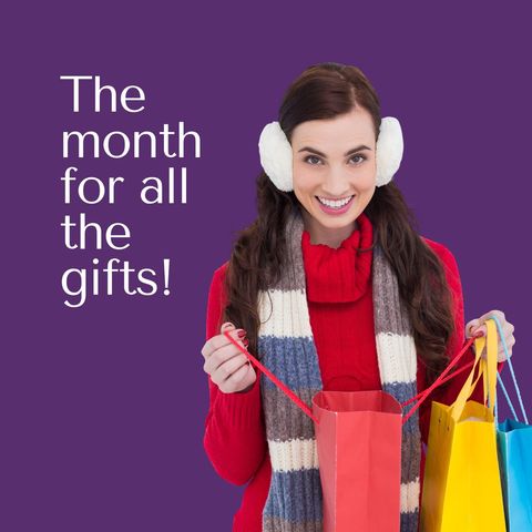 Cheerful woman shopping for gifts with winter attire