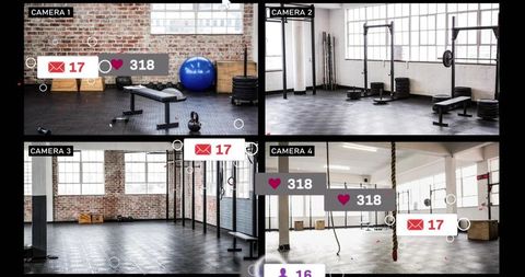 Displaying four-panel surveillance view warehouse gym with barbells, benches, ropes, rings