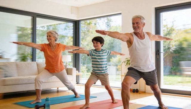 Grandparents and grandson practicing morning yoga at home, intergenerational wellness