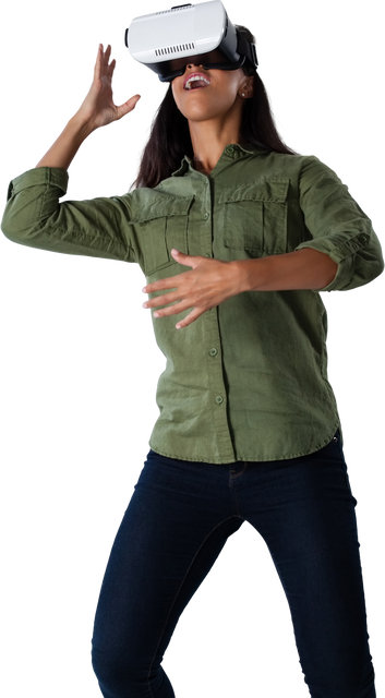 Woman Engaged in Virtual Reality Experience, Green Shirt, Isolated - Download Free Stock Videos Pikwizard.com