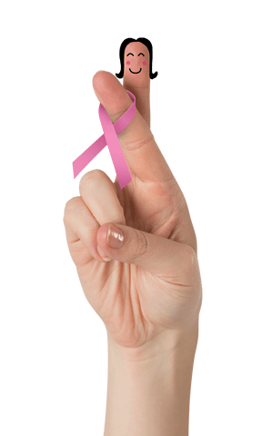Transparent hand with pink ribbon on fingers promoting health awareness
