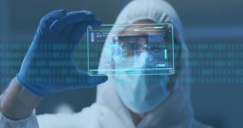 Scientist analyzing digital data in protective suit with binary code overlay