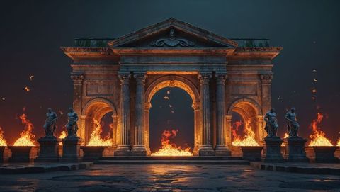 Illuminated triumphal arch with sculptures and fiery hell backdrop
