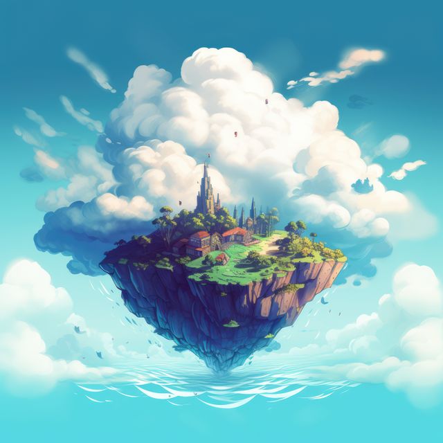 An enchanting floating island in a blue sky dotted with fluffy clouds, featuring a majestic castle and lush gardens. Ideal for use in fantasy-themed projects, book covers, game concepts, and illustrating whimsical dreamscapes.