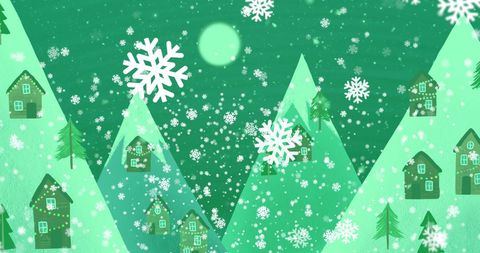 Winter Wonderland with Snowflakes and Tree-Lined Hills