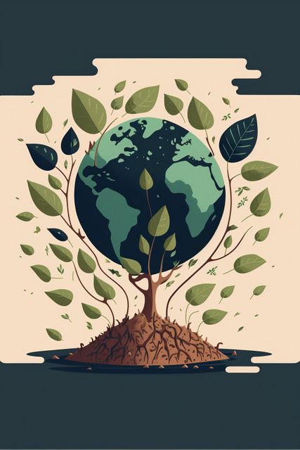 Tree with leaves overgrowing globe on beige background, created using generative ai technology. Earth day and ecology concept digitally generated image.