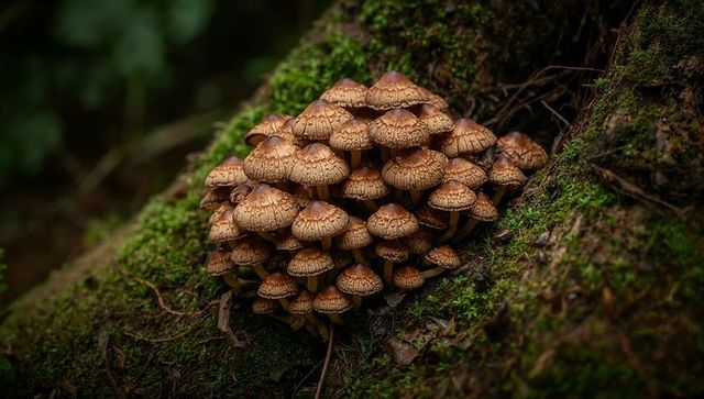 Glistening brown mushroom cluster on moss-covered decaying log in shaded forest