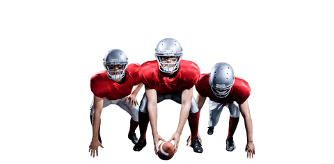 Transparent football players posing with helmets in formation