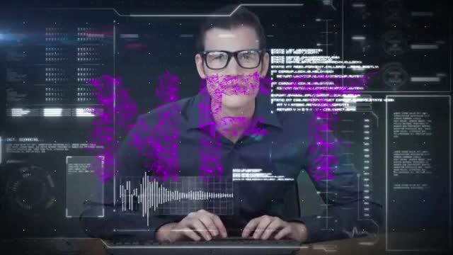 Caucasian male programmer examining NFT data with complex code and graphics elements in a futuristic workspace layout. Ideal for illustrating modern technology trends, blockchain developments, data security themes, or innovative finance strategies.