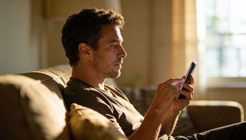 Man scrolling smartphone on sofa in warm daylight at home, relaxed side profile portrait