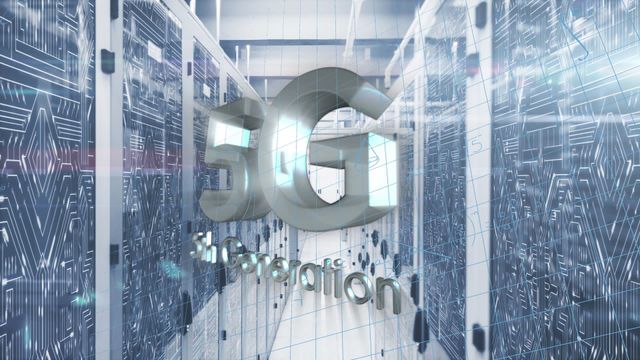 Features an abstract design highlighting 5G network technology with a backdrop of computer servers. With visual elements of mathematical equations and data symbols, it represents advanced data processing and global communication networks. Ideal for illustrating technological advancements, data management solutions, and innovations in telecommunications.