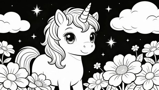 Standing cartoon unicorn gazing at viewer in nighttime meadow with daisies and stars