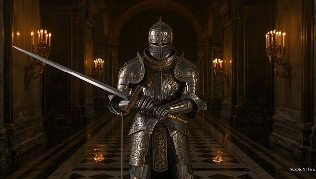 Ornate gilded knight standing holding longsword in candlelit marble palace hall