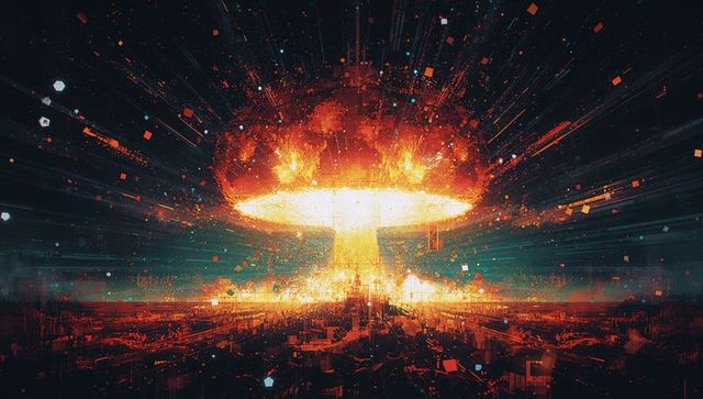 Futuristic Digital Explosion Over Urban Landscape