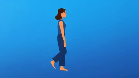 Looping walking woman vector animation in profile on blue gradient background for UI demo