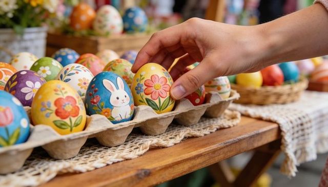 Right hand selecting hand-painted easter egg with floral bunny design in carton display