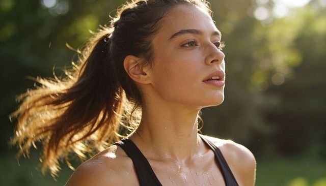 Sweaty young woman breathing after outdoor workout backlit by golden hour sunlight
