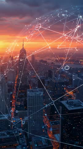 Vertical drone video showing holographic data network overlaying urban skyline at sunset
