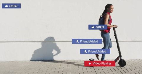 Woman Riding Electric Scooter with Social Media Interactions