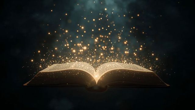 Floating mystical book with glowing particles in dark atmosphere