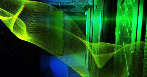 Abstract server room with digital waveform and data flow visualization