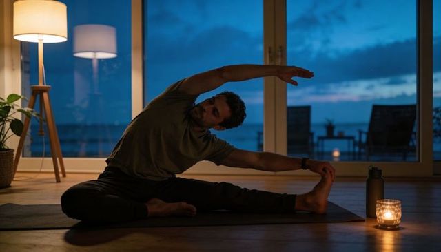 Man stretching during twilight yoga at home with candlelight and warm lamp ambiance