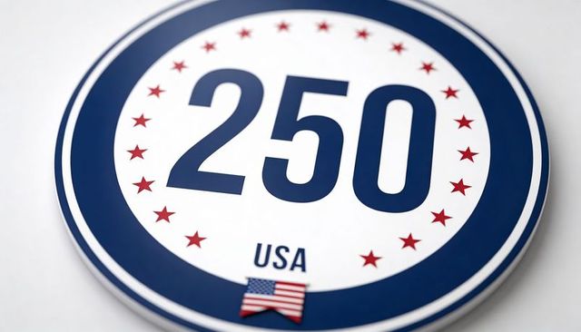 Round patriotic 250 commemorative badge with usa text and stars celebrating milestone