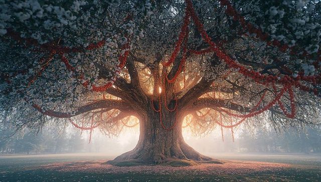 Majestic tree draped with red garlands bathing in misty morning light