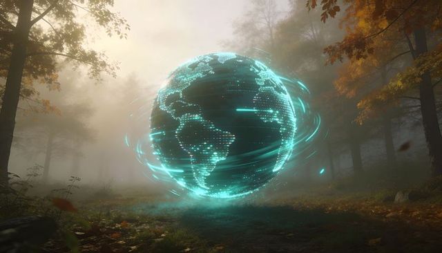 Hovering holographic globe emitting teal particle trails over autumn forest clearing