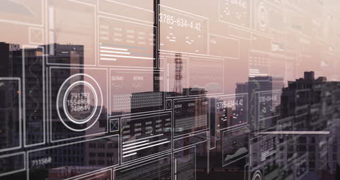 Digital Interface Over Urban Skyline Showcasing Data Processing