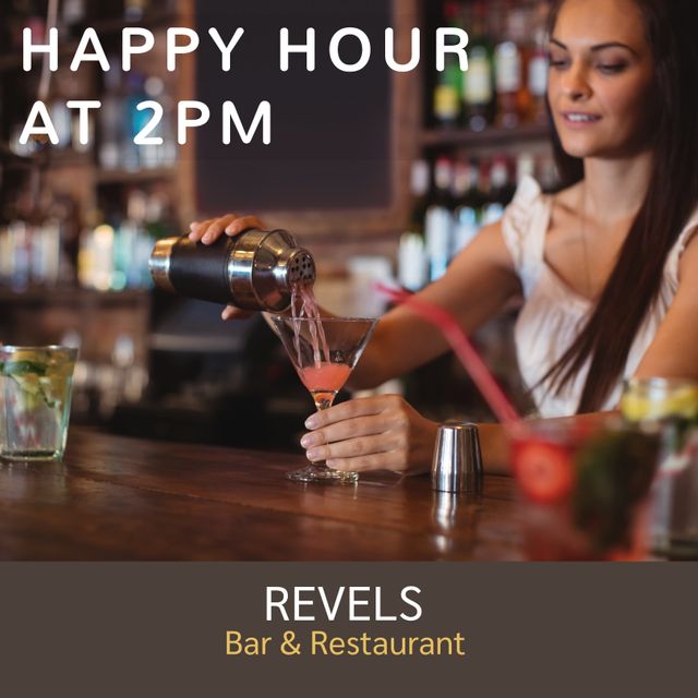 Image depicts a female bartender pouring a cocktail at a well-stocked bar during happy hour. Ideal for advertising promotions, bar and restaurant marketing materials, social media posts for hospitality businesses, and illustrating nightlife or social events.