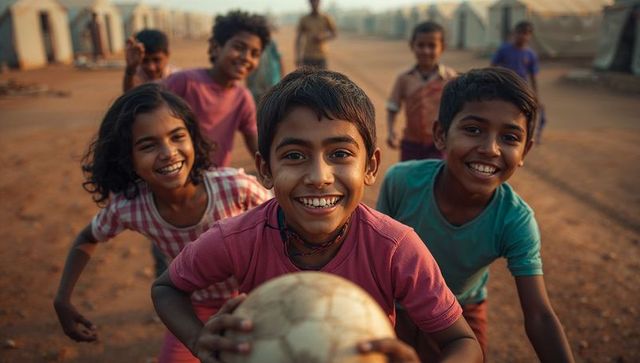 Joyful children playing soccer near community tents