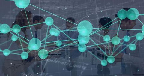 Corporate Team Collaborating with Digital Network Data Overlay