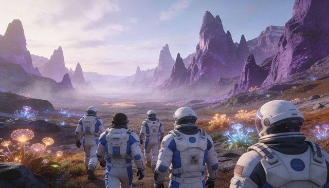 Five astronauts exploring bioluminescent alien valley with towering purple spires at dawn