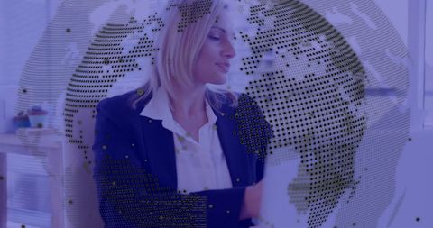 Businesswoman in Modern Office with Global Digital Overlay