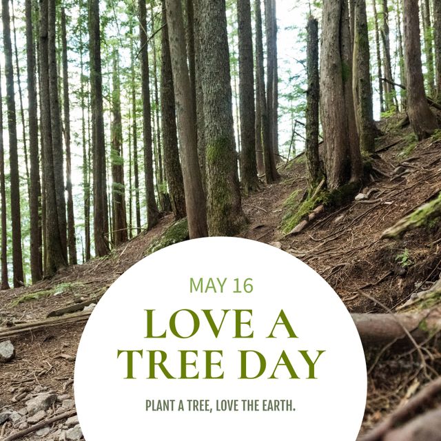 Dense forest scene used for celebrating Love a Tree Day emphasizes the importance of nature conservation. Dusty trail lined with tall, majestic trees conveys a message of environmental stewardship and prompts reflection about the significance of trees in ecosystems. Available for promotional material on conservation campaigns, educational programs about nature, or any content related to sustainability and Earth Day initiatives.