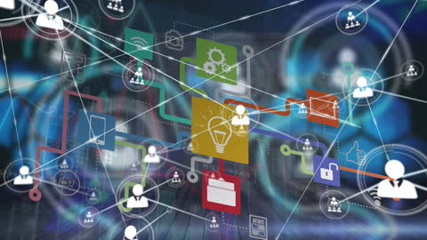Digital Network with Abstract Data and Icons Overlay