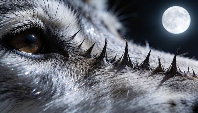 Moonlit wolf close-up showing amber eye, frosted guard hairs and raised hackles