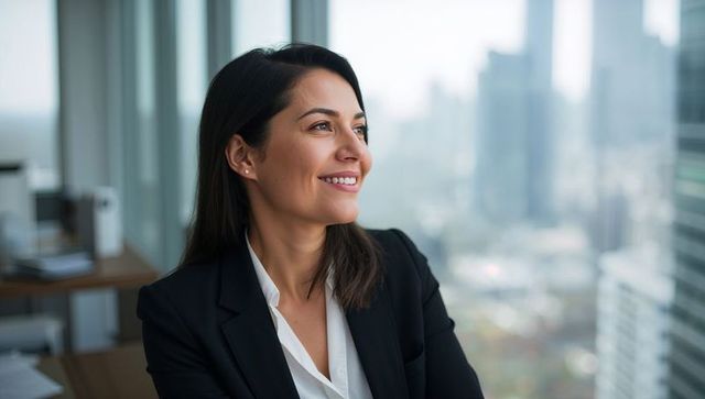 Smiling confident executive in modern office with urban view