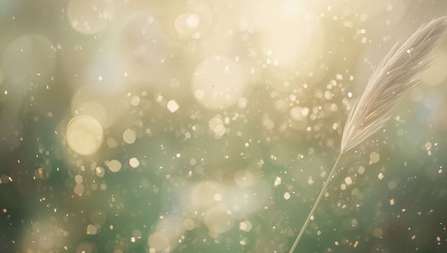 Golden backlit grass seed head swaying with bokeh particles in dreamy meadow light