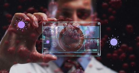 Doctor Analyzing Virus Data on Transparent Digital Screen
