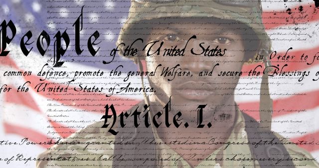 Soldier with American Constitution Text Overlay and USA Flag Background - Download Free Stock Images Pikwizard.com