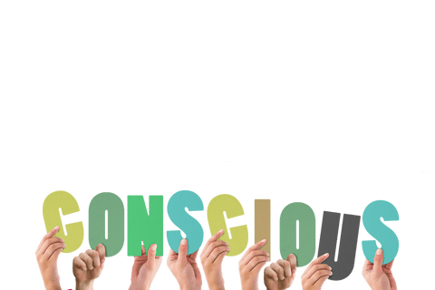 Hands holding colorful word conscious on transparent background