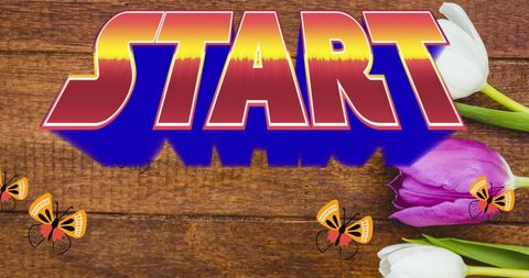 Retro Start Button with Butterflies and Tulips on Wooden Background - Download Free Stock Images Pikwizard.com