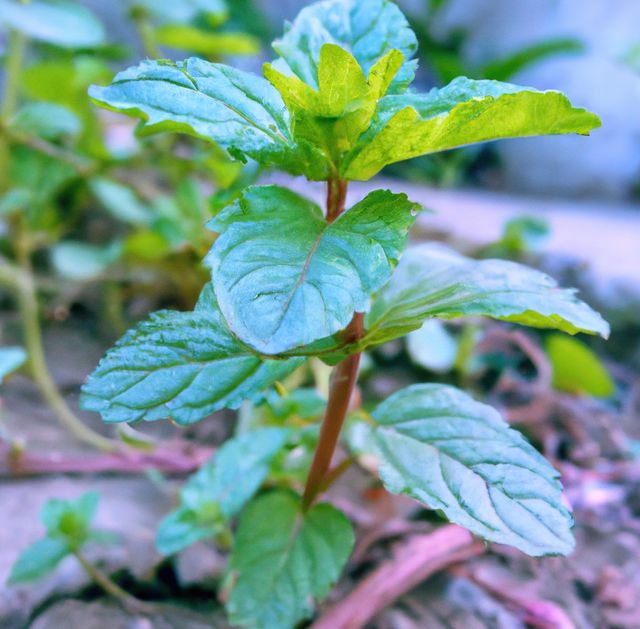 Image of close up of fresh green leaves mint plant growing in garden. Plants, herbs and nature concept.